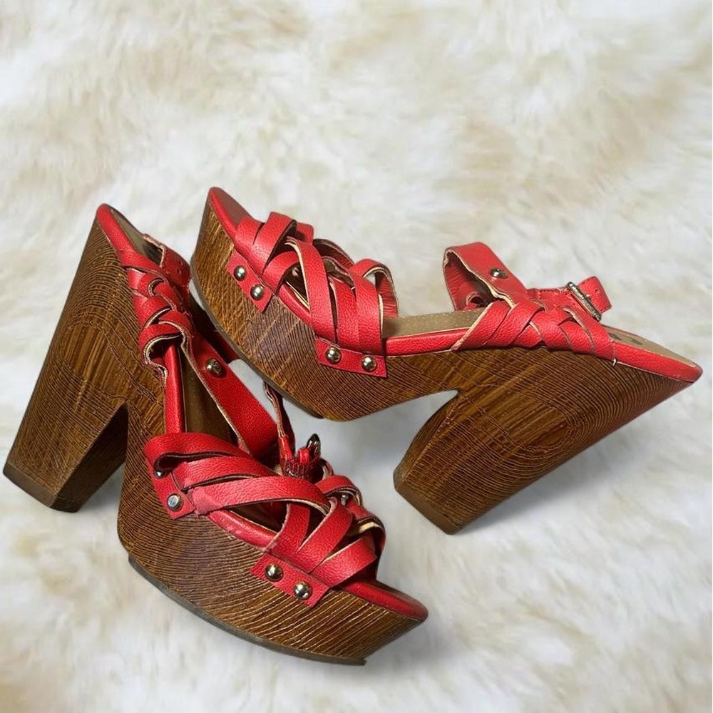 Guess Red Leather Strappy Wooden Platform Sandals Y2K Vintage Heels Womens 8